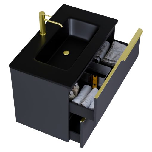 HD Cremona Matt Antracit 60 komplett fürdőszoba bútor fali mosdószekrénnyel, szálcsiszolt arany fogantyúkkal, matt fekete slim mosdóval és tükörrel