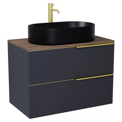 HD Carona Matt Antracit 60 fali mosdószekrény tölgyfa színű mosdópulttal és szálcsiszolt arany fogantyúkkal