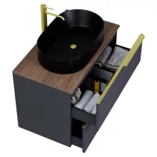 HD Carona Matt Antracit 60 fali mosdószekrény tölgyfa színű mosdópulttal és szálcsiszolt arany fogantyúkkal