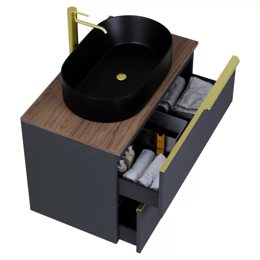 HD Carona Matt Antracit 60 fali mosdószekrény tölgyfa színű mosdópulttal és szálcsiszolt arany fogantyúkkal