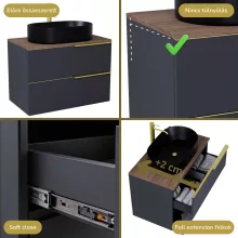 HD Carona Matt Antracit 60 fali mosdószekrény tölgyfa színű mosdópulttal és szálcsiszolt arany fogantyúkkal