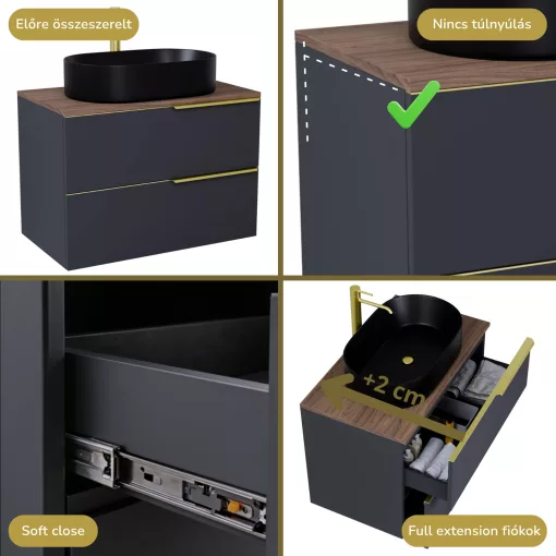 HD Carona Matt Antracit 60 fali mosdószekrény tölgyfa színű mosdópulttal és szálcsiszolt arany fogantyúkkal