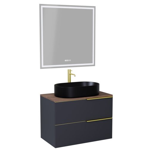 HD Carona Matt Antracit 60 komplett fürdőszoba bútor fali mosdószekrénnyel, szálcsiszolt arany fogantyúkkal, tölgyfa színű mosdópulttal és tükörrel
