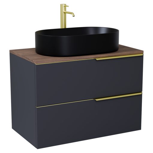 HD Carona Matt Antracit 60 komplett fürdőszoba bútor fali mosdószekrénnyel, szálcsiszolt arany fogantyúkkal, tölgyfa színű mosdópulttal és tükörrel