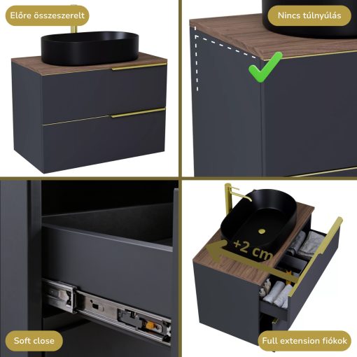 HD Carona Matt Antracit 60 komplett fürdőszoba bútor fali mosdószekrénnyel, szálcsiszolt arany fogantyúkkal, tölgyfa színű mosdópulttal és tükörrel