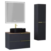 HD Carona Matt Antracit 60 komplett fürdőszoba bútor szett fali mosdószekrénnyel, szálcsiszolt arany fogantyúkkal, tölgyfa színű mosdópulttal, tükörrel és magasszekrénnyel