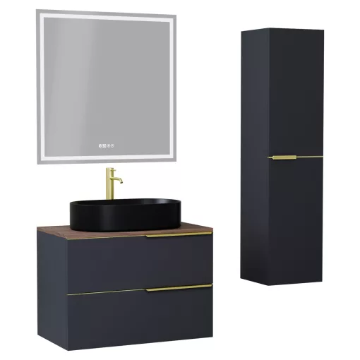 HD Carona Matt Antracit 60 komplett fürdőszoba bútor szett fali mosdószekrénnyel, szálcsiszolt arany fogantyúkkal, tölgyfa színű mosdópulttal, tükörrel és magasszekrénnyel