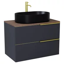 HD Carona Matt Antracit 60 komplett fürdőszoba bútor szett fali mosdószekrénnyel, szálcsiszolt arany fogantyúkkal, tölgyfa színű mosdópulttal, tükörrel és magasszekrénnyel