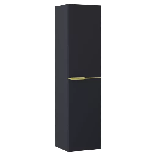 HD Carona Matt Antracit 60 komplett fürdőszoba bútor szett fali mosdószekrénnyel, szálcsiszolt arany fogantyúkkal, tölgyfa színű mosdópulttal, tükörrel és magasszekrénnyel