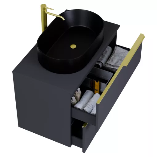 HD Carona Matt Antracit 60 fali mosdószekrény matt antracit mosdópulttal és szálcsiszolt arany fogantyúkkal