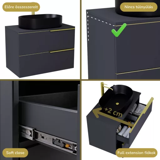 HD Carona Matt Antracit 60 fali mosdószekrény matt antracit mosdópulttal és szálcsiszolt arany fogantyúkkal