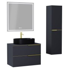 HD Carona Matt Antracit 60 komplett fürdőszoba bútor szett fali mosdószekrénnyel, szálcsiszolt arany fogantyúkkal, antracit mosdópulttal, tükörrel és magasszekrénnyel