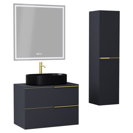 HD Carona Matt Antracit 60 komplett fürdőszoba bútor szett fali mosdószekrénnyel, szálcsiszolt arany fogantyúkkal, antracit mosdópulttal, tükörrel és magasszekrénnyel