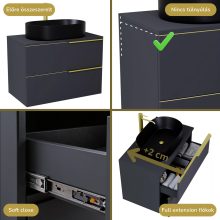 HD Carona Matt Antracit 60 komplett fürdőszoba bútor szett fali mosdószekrénnyel, szálcsiszolt arany fogantyúkkal, antracit mosdópulttal, tükörrel és magasszekrénnyel