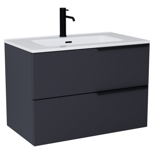 HD Cremona Matt Antracit 60 fali mosdószekrény matt fekete fogantyúkkal és fényes fehér slim mosdóval