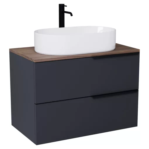 HD Carona Matt Antracit 60 fali mosdószekrény tölgyfa színű mosdópulttal és matt fekete fogantyúkkal