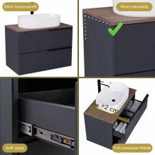 HD Carona Matt Antracit 60 fali mosdószekrény tölgyfa színű mosdópulttal és matt fekete fogantyúkkal