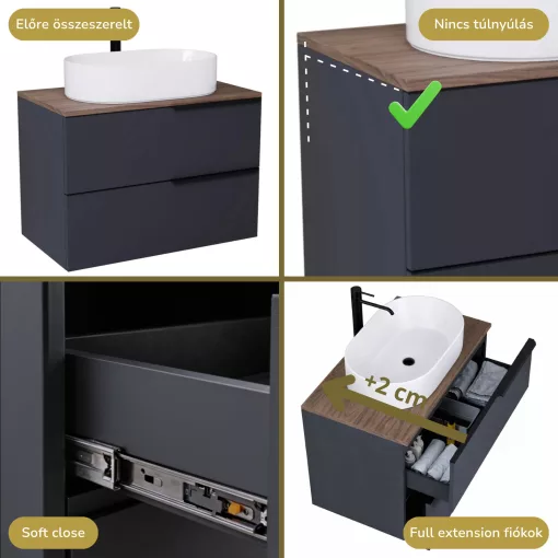 HD Carona Matt Antracit 60 fali mosdószekrény tölgyfa színű mosdópulttal és matt fekete fogantyúkkal
