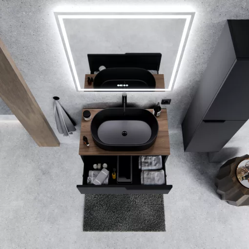 HD Carona Matt Antracit 60 fali mosdószekrény tölgyfa színű mosdópulttal és matt fekete fogantyúkkal