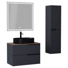 HD Carona Matt Antracit 60 komplett fürdőszoba bútor szett fali mosdószekrénnyel, matt fekete fogantyúkkal, tölgyfa színű mosdópulttal, tükörrel és magasszekrénnyel