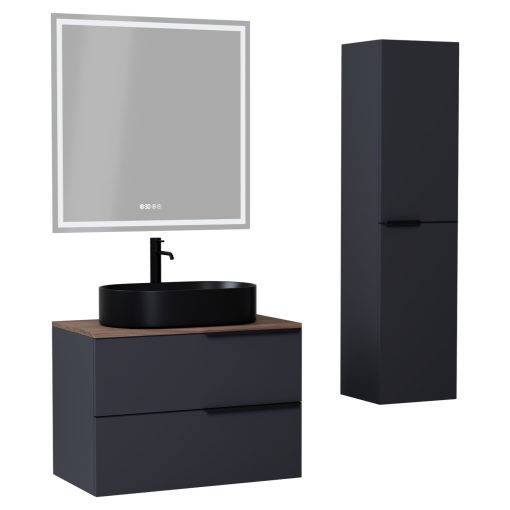 HD Carona Matt Antracit 60 komplett fürdőszoba bútor szett fali mosdószekrénnyel, matt fekete fogantyúkkal, tölgyfa színű mosdópulttal, tükörrel és magasszekrénnyel