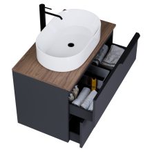 HD Carona Matt Antracit 60 komplett fürdőszoba bútor szett fali mosdószekrénnyel, matt fekete fogantyúkkal, tölgyfa színű mosdópulttal, tükörrel és magasszekrénnyel