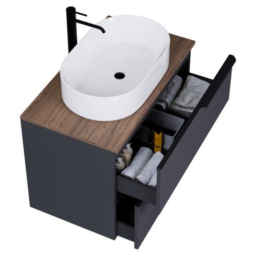 HD Carona Matt Antracit 60 komplett fürdőszoba bútor szett fali mosdószekrénnyel, matt fekete fogantyúkkal, tölgyfa színű mosdópulttal, tükörrel és magasszekrénnyel