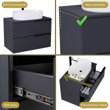 HD Carona Matt Antracit 60/80 fali mosdószekrény matt antracit mosdópulttal és matt fekete fogantyúkkal