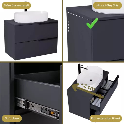 HD Carona Matt Antracit 60/80 fali mosdószekrény matt antracit mosdópulttal és matt fekete fogantyúkkal