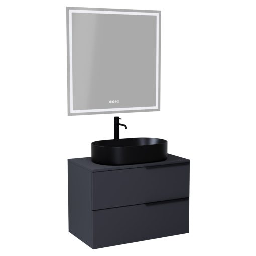 HD Carona Matt Antracit 60/80 komplett fürdőszoba bútor fali mosdószekrénnyel, matt fekete fogantyúkkal, antracit mosdópulttal és tükörrel
