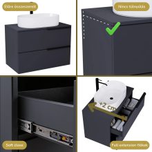 HD Carona Matt Antracit 60/80 komplett fürdőszoba bútor fali mosdószekrénnyel, matt fekete fogantyúkkal, antracit mosdópulttal és tükörrel