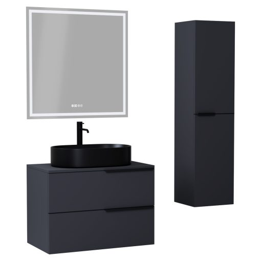 HD Carona Matt Antracit 60/80 komplett fürdőszoba bútor szett fali mosdószekrénnyel, matt fekete fogantyúkkal, antracit mosdópulttal, tükörrel és magasszekrénnyel