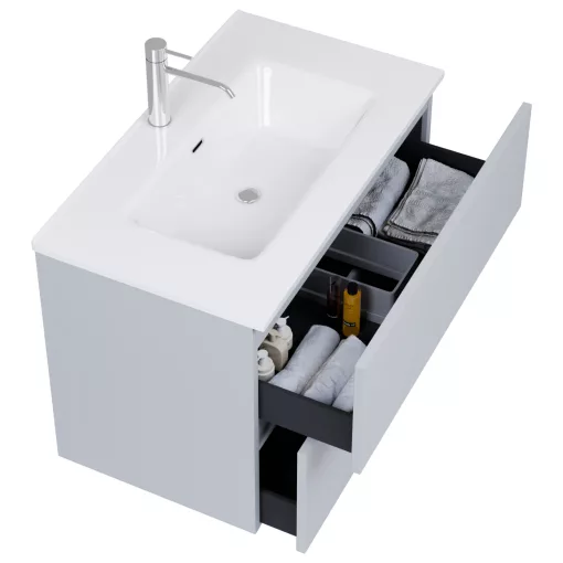 HD Aria Pro Fume Grey 60 fali mosdószekrény, push-to-open mechanizmussal, fényes fehér slim mosdóval