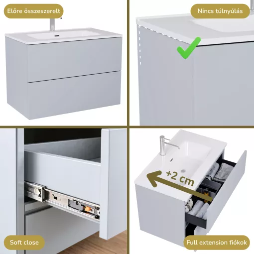 HD Aria Pro Fume Grey 60 fali mosdószekrény, push-to-open mechanizmussal, fényes fehér slim mosdóval