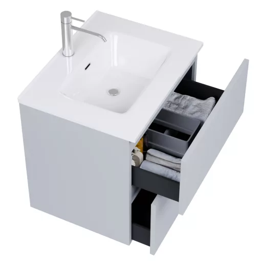 HD Aria Pro Fume Grey 60 komplett fürdőszoba bútor fali push-to-open mosdószekrénnyel, fényes fehér slim mosdóval és tükörrel