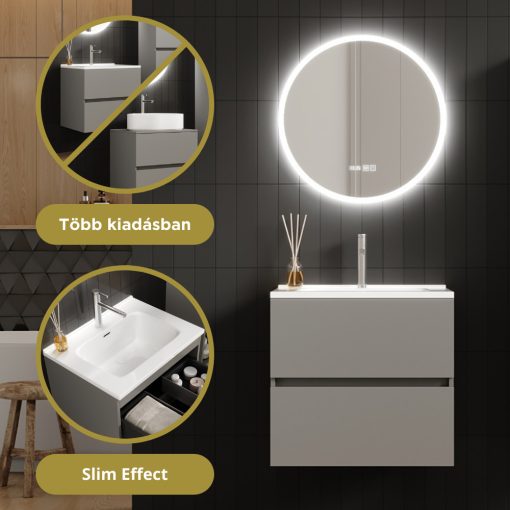 HD Aria Fume Grey 60 komplett fürdőszoba bútor fali mosdószekrénnyel, fényes fehér slim mosdóval és tükörrel