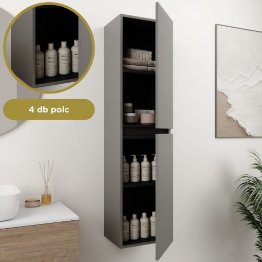 HD Aria Pro Fume Grey 60 komplett fürdőszoba bútor szett fali push-to-open mosdószekrénnyel, fényes fehér slim mosdóval, tükörrel és magasszekrénnyel