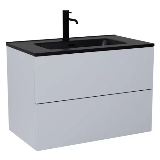 HD Aria Pro Fume Grey 60 fali mosdószekrény, push-to-open mechanizmussal, matt fekete slim mosdóval