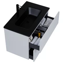 HD Aria Pro Fume Grey 60 fali mosdószekrény, push-to-open mechanizmussal, matt fekete slim mosdóval