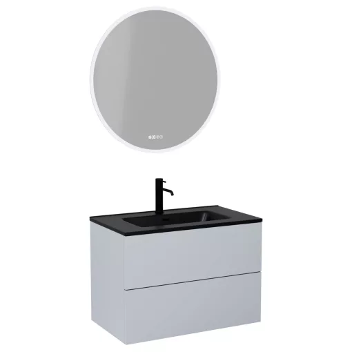 HD Aria Pro Fume Grey 60 komplett fürdőszoba bútor fali push-to-open mosdószekrénnyel, matt fekete slim mosdóval és tükörrel