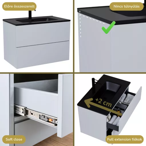 HD Aria Pro Fume Grey 60 komplett fürdőszoba bútor fali push-to-open mosdószekrénnyel, matt fekete slim mosdóval és tükörrel