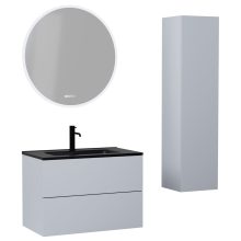 HD Aria Pro Fume Grey 60 komplett fürdőszoba bútor szett fali push-to-open mosdószekrénnyel, matt fekete slim mosdóval, tükörrel és magasszekrénnyel