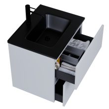 HD Aria Pro Fume Grey 60 komplett fürdőszoba bútor szett fali push-to-open mosdószekrénnyel, matt fekete slim mosdóval, tükörrel és magasszekrénnyel