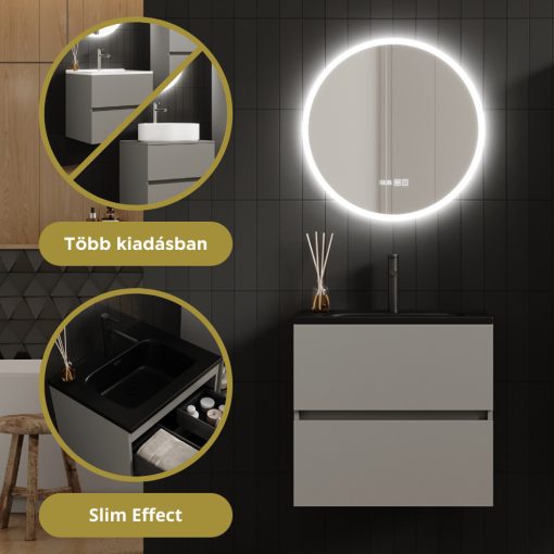 HD Aria Pro Fume Grey 60 komplett fürdőszoba bútor szett fali push-to-open mosdószekrénnyel, matt fekete slim mosdóval, tükörrel és magasszekrénnyel