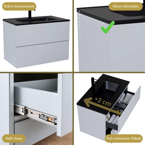 HD Aria Pro Fume Grey 60 komplett fürdőszoba bútor szett fali push-to-open mosdószekrénnyel, matt fekete slim mosdóval, tükörrel és magasszekrénnyel