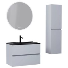 HD Aria Fume Grey 60 komplett fürdőszoba bútor szett fali mosdószekrénnyel, matt fekete slim mosdóval, tükörrel és magasszekrénnyel