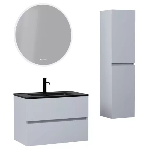 HD Aria Fume Grey 60 komplett fürdőszoba bútor szett fali mosdószekrénnyel, matt fekete slim mosdóval, tükörrel és magasszekrénnyel