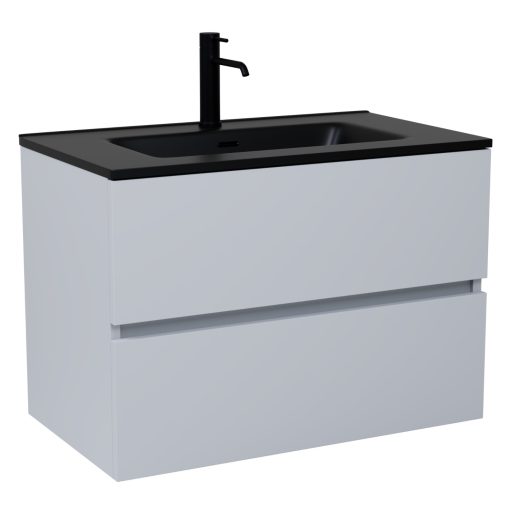 HD Aria Fume Grey 60 komplett fürdőszoba bútor szett fali mosdószekrénnyel, matt fekete slim mosdóval, tükörrel és magasszekrénnyel