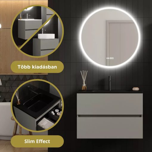 HD Aria Fume Grey 60 komplett fürdőszoba bútor szett fali mosdószekrénnyel, matt fekete slim mosdóval, tükörrel és magasszekrénnyel