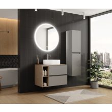 HD Zyra+ Fume Grey 80/100 fali mosdószekrény tölgyfa színű mosdópulttal és kiegészítő tölgyfa színű fali modullal